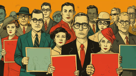 A group of people holding up signs with different faces, AIの素材