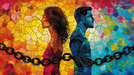 A painting of a man and woman with chains on their wrists, AIの素材