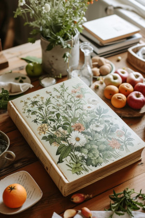 A table with a book and fruit on it next to bowls of oranges, AIの素材