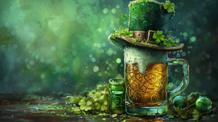 A painting of a leprechaun hat and beer mug on the table, AIの素材