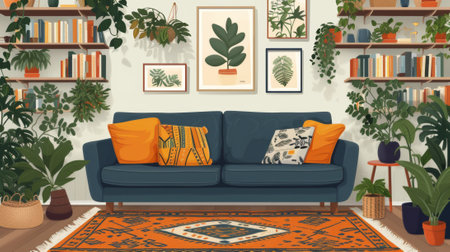 A living room with a blue couch and lots of plants, AIの素材