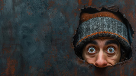 A man with a hat and sweater peeking out of the hole in his wall, AIの素材