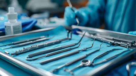 A tray of a dentists tools on the table in blue gloves, AIの素材