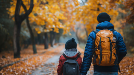 A man and child walking down a path in the woods, AIの素材