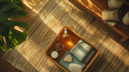 A basket with a towel, soap and other items on top of the rug, AIの素材