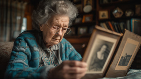 An older woman looking at a picture of her family, AIの素材