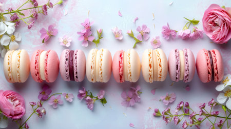 A row of macarons and flowers on a blue background, AIの素材