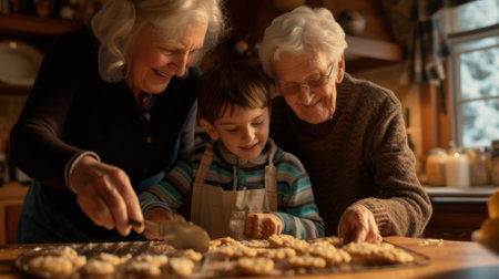 A woman and boy are making cookies together in the kitchen, AIの素材
