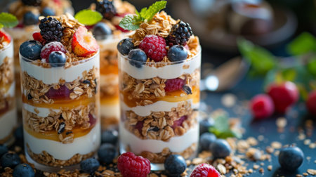 A close up of a dessert with berries, granola and yogurt, AIの素材