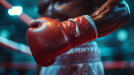 A close up of a boxers red gloves in the ring, AIの素材