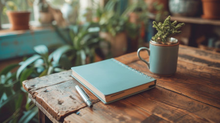 A notebook and pen on a wooden table next to plant, AIの素材