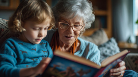 An older woman reading a book to an adorable little girl, AIの素材