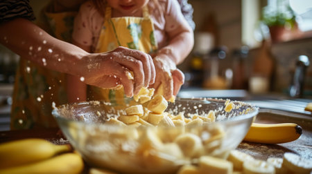A person and child are cutting up bananas in a bowl, AIの素材