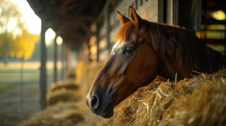 A horse is leaning over the hay bales in a stable, AIの素材