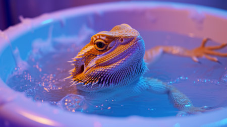 A lizard in a bowl of water with its head out, AIの素材