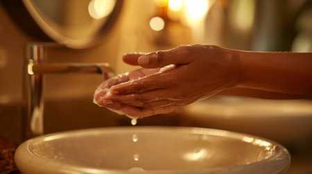 A person washing their hands in a bathroom sink, AIの素材