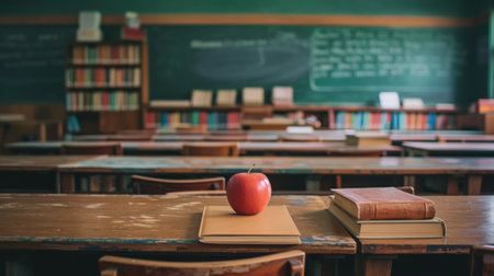 Foto de A classroom with a desk and books on it in the background, AI - Imagen libre de derechos