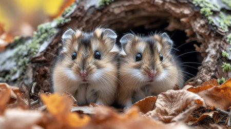 Two small hamsters are sitting in a hollowed out tree, AIの素材