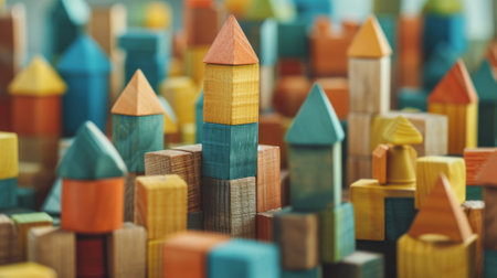 A close up of a bunch of colorful wooden blocks with different colored roofs, AIの素材