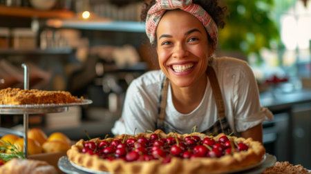 A woman smiling while standing in front of a pie with cherries on top, AIの素材
