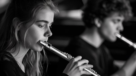 A man and woman playing flute together in a black and white photo, AIの素材