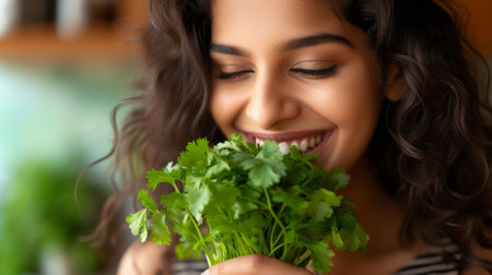 A woman holding a bunch of green herbs in her mouth, AIの素材