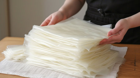 A person is holding a stack of plastic wrapped food, AIの素材