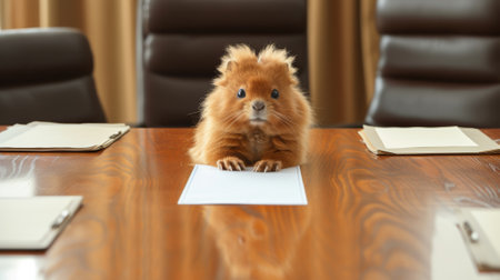 A small brown animal sitting on a wooden table with papers, AIの素材