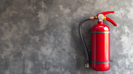 A red fire extinguisher hanging from a wall with gray paint, AIの素材