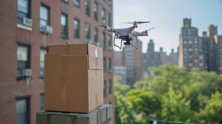 A drone flying over a box and building in the city, AIの素材