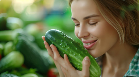 A woman holding a cucumber to her face and smiling, AIの素材
