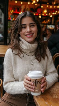 A woman in a white sweater holding up coffee and smiling, AIの素材