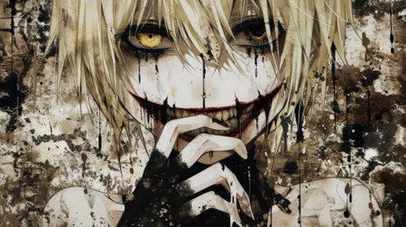 A painting of a creepy looking girl with yellow eyes, AIの素材