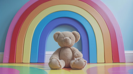 A teddy bear sitting in front of a rainbow colored background, AIの素材