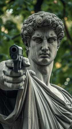A statue of a man holding up his gun in the air, AIの素材