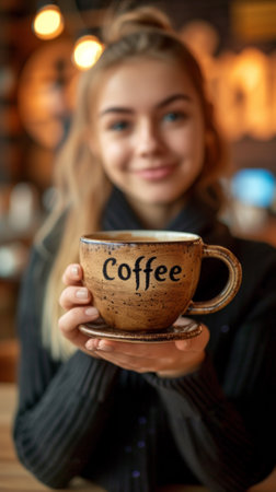 A woman holding a coffee cup with the word "coffee" written on it, AIの素材