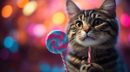 A cat holding a lollipop in one hand and a candy cane in the other, AIの素材