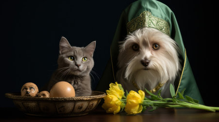 A cat and dog in a green outfit with eggs on the table, AIの素材