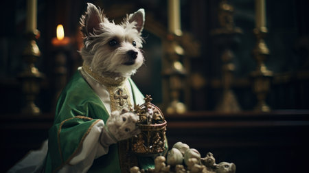 A dog dressed in a priests outfit holding an ornate basket, AIの素材