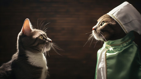 Two cats dressed in costumes looking at each other, AIの素材