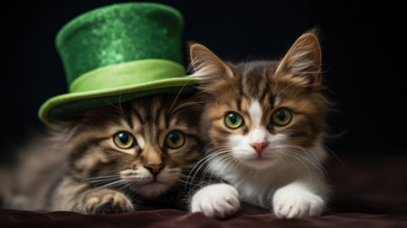 Two cats are laying next to each other with one wearing a green hat, AIの素材