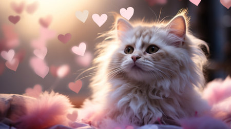 A white fluffy cat with hearts on its fur sitting in a pink blanket, AIの素材