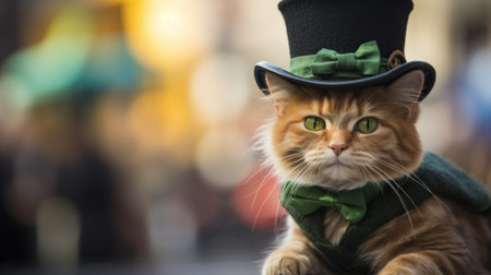 A cat wearing a top hat and green bow tie, AIの素材