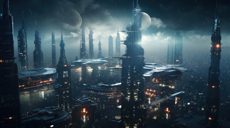 A futuristic city with a lot of buildings and lights, AIの素材