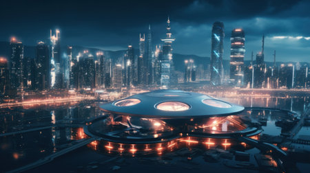 A futuristic city with lights and a dome shaped building, AIの素材