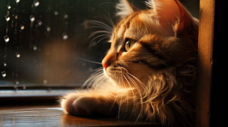 A cat sitting on a window sill looking out the rain, AIの素材