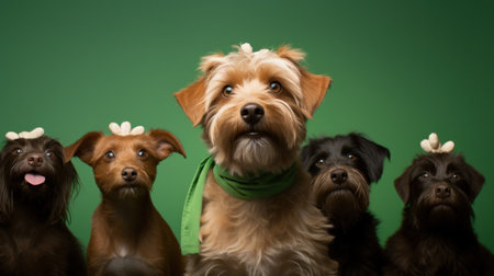A group of five dogs with their heads bowed and looking at the camera, AIの素材