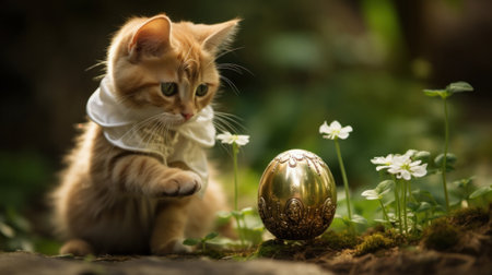 A kitten is standing next to a gold egg in the grass, AIの素材