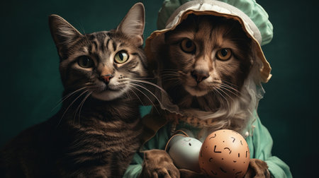 Two cats are posing for a picture with eggs and dolls, AIの素材