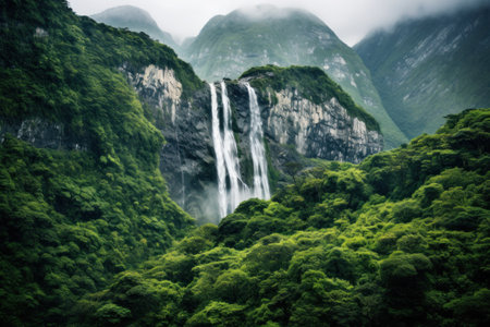 A waterfall cascading down a green mountain side in the rain, AIの素材